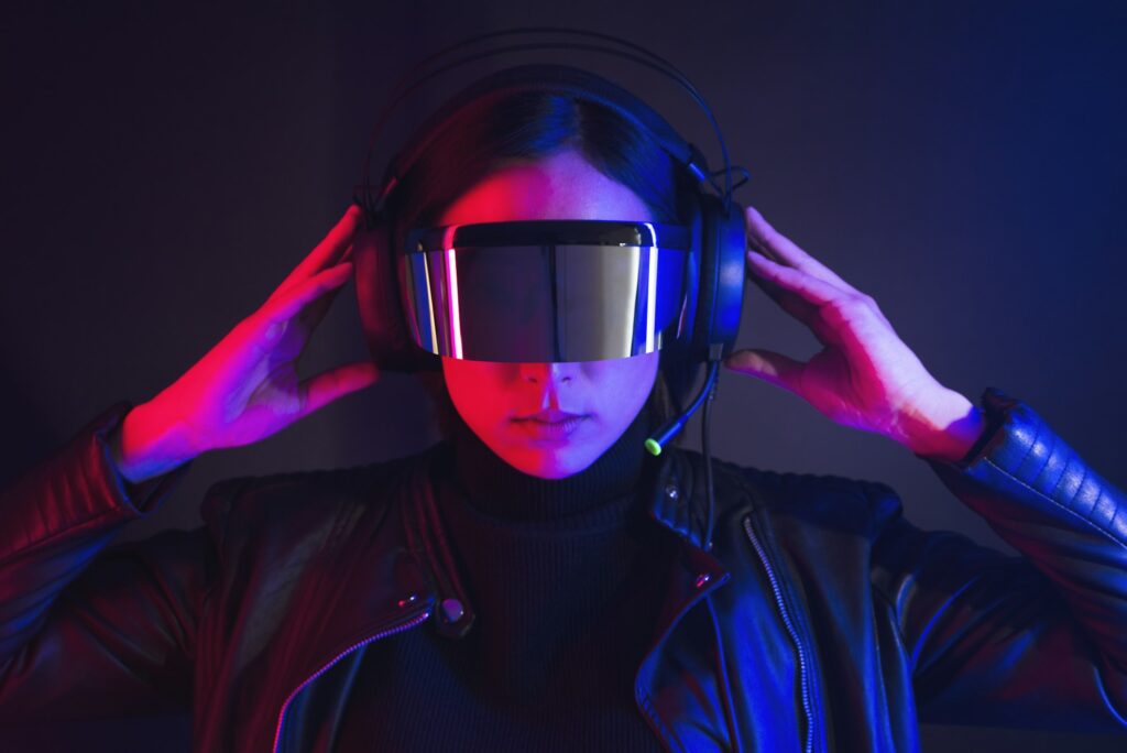 woman in glasses augmented reality blue social media cover